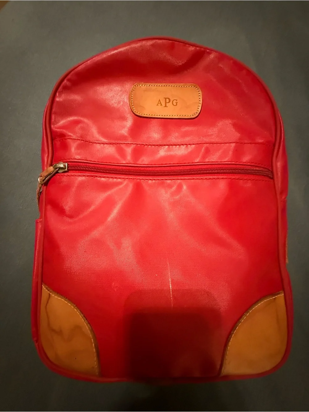 USED JON HART Red Nylon Backpack with Tan Leather Trim